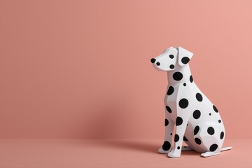 Stylized dalmatian dog sculpture on minimalist pink background