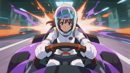 A girl wearing a helmet is driving a race car.
