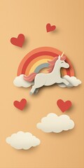 Whimsical unicorn in pastel rainbow sky with hearts and clouds