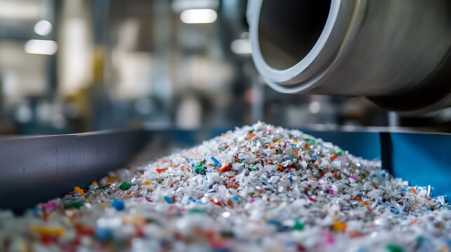 A close-up captures a pile of shredded, colorful plastic fragments, suggesting a process of material recycling, set against the backdrop of industrial machinery, emphasizing sustainability.