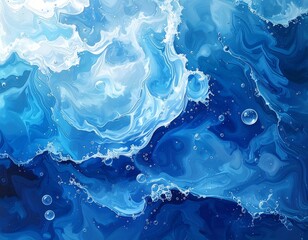 Abstract fluid art with swirling shades of blue and bubbles