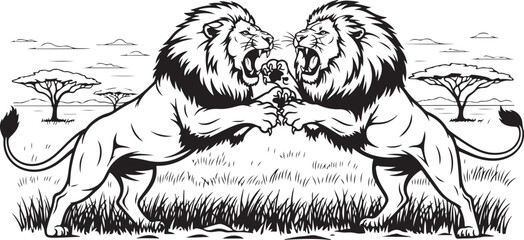 Dynamic Black and White Illustration of Two Roaring Lions Fighting in the Savanna