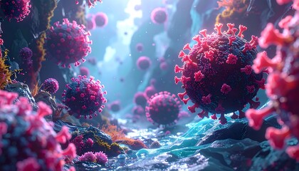 Virus particles in a surreal landscape