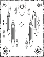 Islamic Lantern and Star Design. Ramadan Kareem Line Art, Mosque Lamp Decoration Coloring Page.