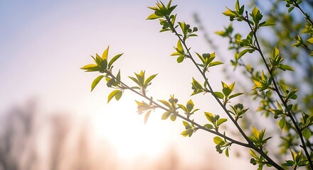 Aesthetic arrangement of natural spring branches, young foliage illuminated by soft sunlight, pastel dreamy sky