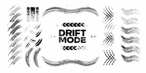 Collection of black and white abstract grunge brush strokes and tire tracks with drift mode text