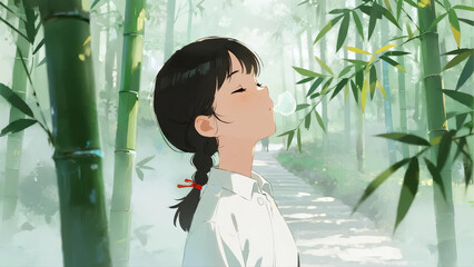 The girl closes her eyes and blows air in the bamboo forest.