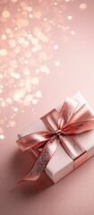 pastel pink gift box wrapped with metallic rose gold ribbon bow, soft pink background with bokeh golden lights, elegant banner with copy space. holiday marketing campaigns, vertical ads, gift giving.