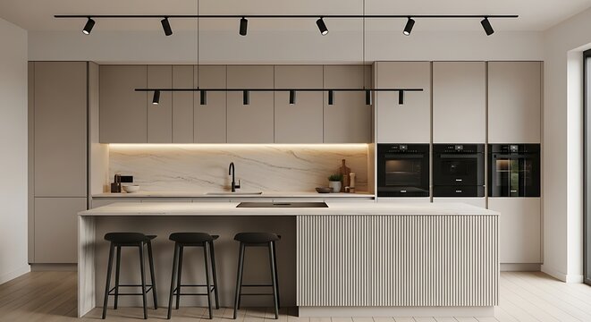 Modern kitchen interior with island and track lighting.