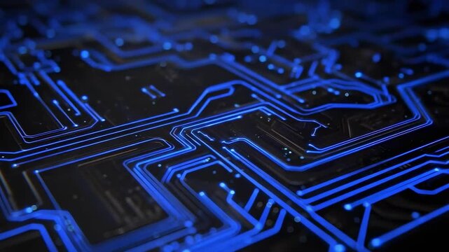 Close-up of a blue-lit printed circuit board with intricate circuitry traces.