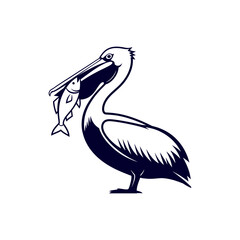 Pelican standing proudly with a fish in its beak against a simple white background, showcasing nature's beauty