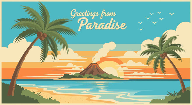 Vintage Paradise Postcard with Palm Trees, Volcano and Ocean View