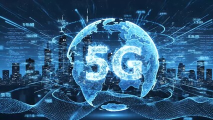 A futuristic 5G global network communication technology concept with a digital earth and cityscape - Powered by Adobe