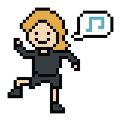 Obraz premium Cartoon pixel art character man exercises training dance lifestyle music decoration life style 8 bit male boy dance with music game 8bit fitness vector.