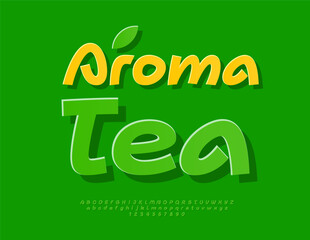 Vector Artistic template Aroma Tea. Green Sticker Font. Modern Handwritten Alphabet Letters and Numbers set.