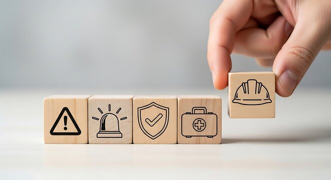 Hand placing safety icon block on wooden cubes representing workplace safety