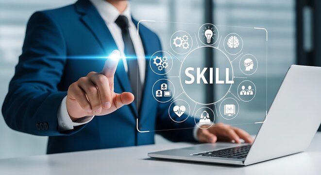 Businessman touching a skill icon on a digital interface