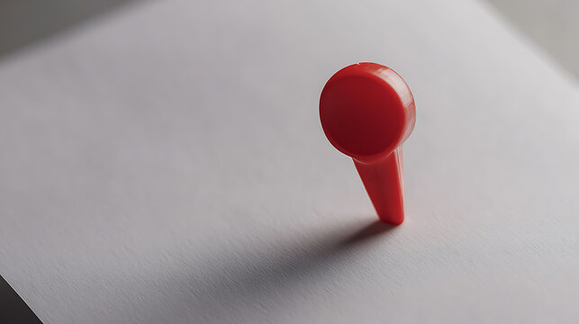 This image highlights a vibrant red push pin, firmly planted on a pristine white surface, showcasing a simple yet striking composition. A minimal workspace detail.