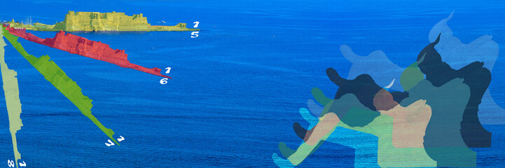 DREAM N°116 – Waves of Memory and Color. Surreal and conceptual artwork showing the sea of Naples with Castel dell’Ovo in the background, intersected by abstract colored shapes 