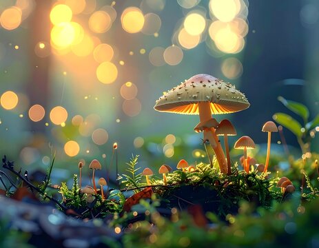 Enchanting forest scene with glowing mushrooms and dappled sunlight