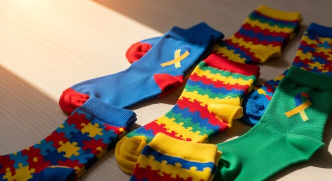 Colorful socks with puzzle patterns and awareness ribbon for Autism Awareness Day. Support for autism spectrum disorder concept.