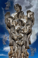 DREAM N°117 – Angels of Light and Eternity. Surreal and metaphysical composition of angelic statues merging into a single monumental figure, surrounded by celestial clouds and divine silhouettes 