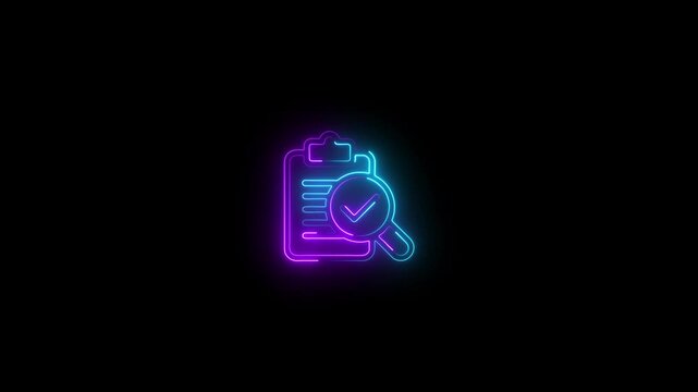 Glowing neon magnifying glass icon focus on document animation isolated on black background. document neon style animation checkmark with magnifying glass .