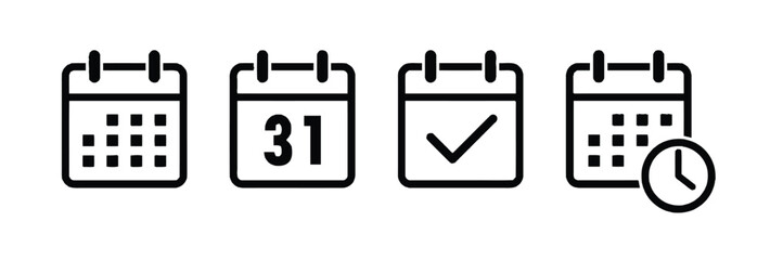 calendar, date, time, icon, symbol, schedule, planning, event, appointment, reminder, check, mark, clock, number, thirty-one, grid, interface, ui, ux, element, graphic, design, black, white, isolated,