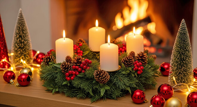 Advent wreath with four lit candles and Christmas decorations on wooden table