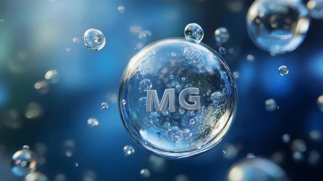 A close-up of a large soap bubble with the letters MG inside, surrounded by smaller bubbles against a blue background.
