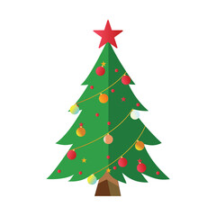 Christmas tree decorated with star, ornaments and string isolated on white background