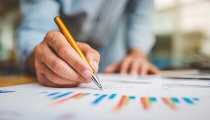 Document With Selective Focus Featuring A Young Businessman Pointing At A Graph Chart To Outline Plans For Quality Improvement Next Month.