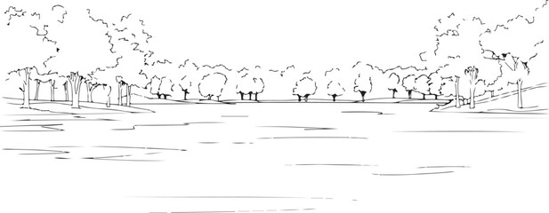 Nature Landscape Illustration of a Serene Lake Bordered by Trees