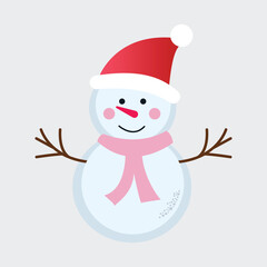 Cute snowman with red hat and pink scarf isolated on white background