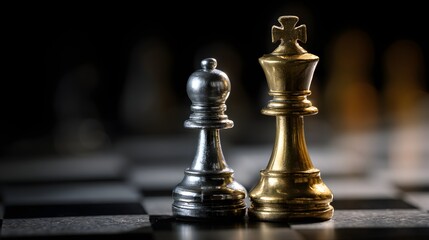 Fototapeta premium Metallic chess pieces of a king and a bishop rest upon a dark checkered board