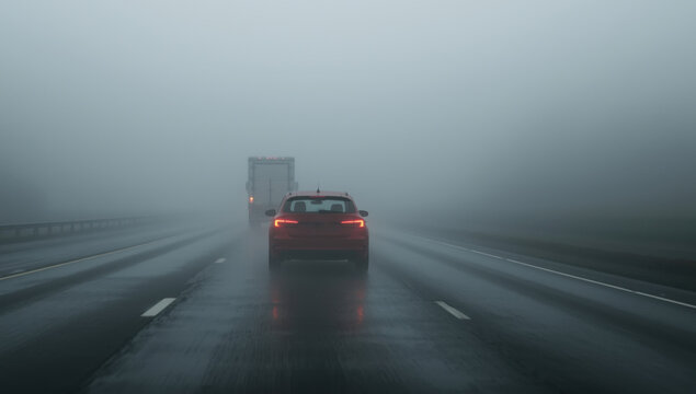 Red car driving on a highway in the fog with poor visibility conditions