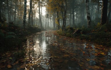Fototapeta premium A forest path with a stream of water running through it