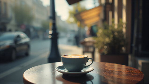 Cozy coffee break on a sun-drenched street with a view of the city