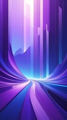 Abstract, geometric artwork; curving road ascends into a glowing light