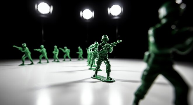 Green toy soldiers in formation on white surface