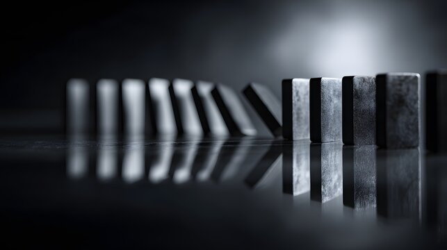 Row of dark rectangular blocks beginning to topple in sequence on a reflective surface