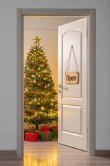 An open white door with the sign "Open" and behind this door is a Christmas tree with decorations and lights