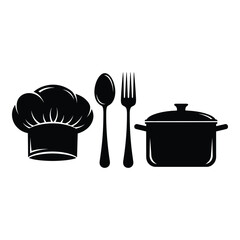 Kitchen utensils and chef hat silhouettes isolated on transparent background, Vector