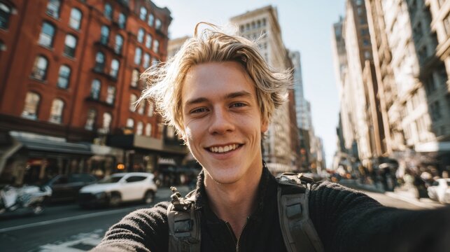 a casual selfie of a handsome 20 years old blond man influencer. Background is new york city streets and buildings. His face is smiling
