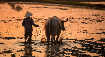 Farmer and Water Buffalo Working in Rice Paddy Field at Sunset - Traditional Agriculture