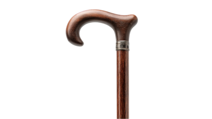 Elegant wooden cane with a curved handle, showcasing classic craftsmanship and warm brown tones on a transparent background.