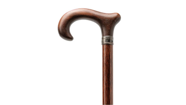 Elegant wooden cane with a curved handle, showcasing classic craftsmanship and warm brown tones on a transparent background.