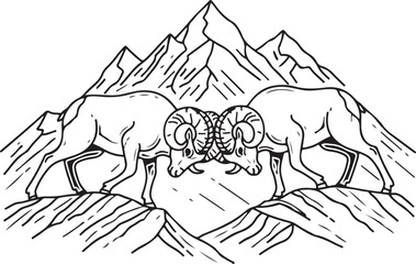 Bighorn Rams Clashing Heads in Mountain Landscape Line Art