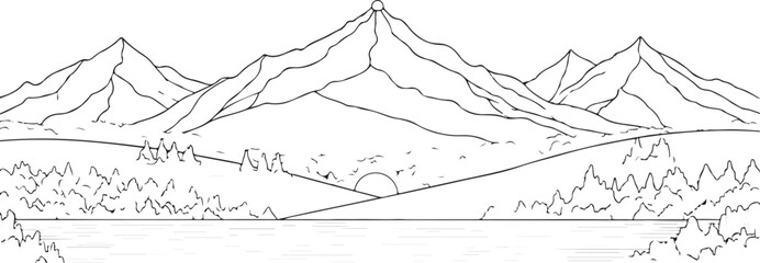 Scenic Mountain Landscape with Lake and Forest at Sunrise Line Art