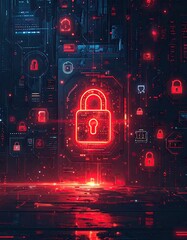 Futuristic Digital Security Concept Glowing Red Padlock Symbol.
